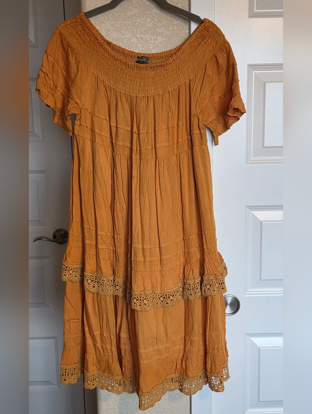 Boho Mustard Lace-Trim Midi Dress - Women's